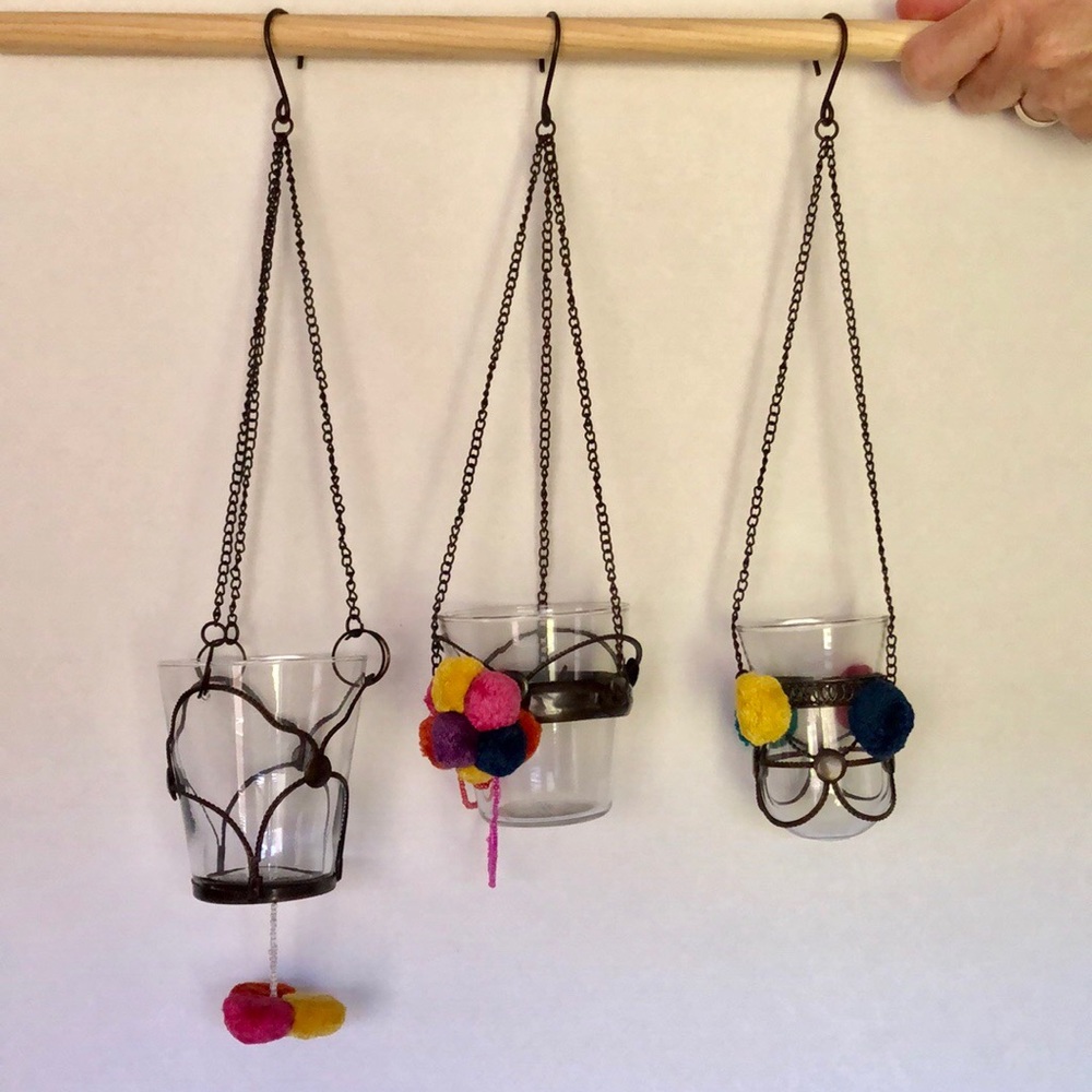 Anthropologie Three Candle Holder Pom Pom Lanterns